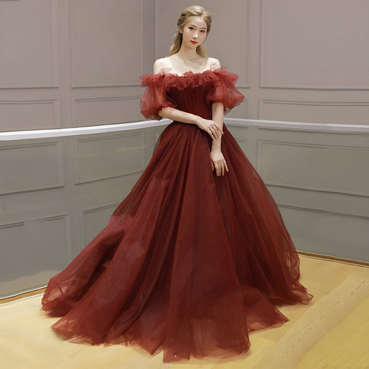 Crimson Tulle Off-Shoulder Ball Gown