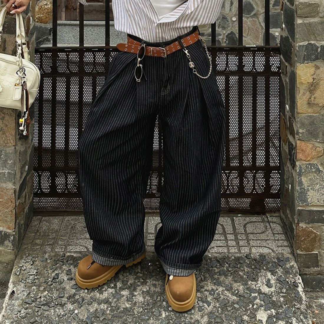 Retro Washed Scimitar Jeans Street Style Loose Wide Leg Pants