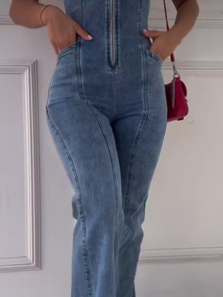 Sleeveless Paneled Zipper Denim Jumpsuit — Blue