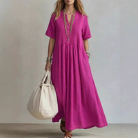 Women's V-Neck Pleated Cotton Linen Dress