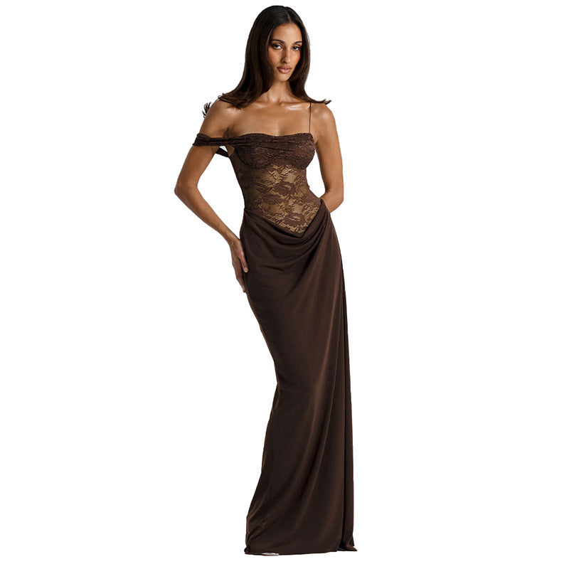 Women Solid Color Spaghetti Strap Lace Slim Fit Patchwork Dress