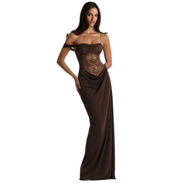 Women Solid Color Spaghetti Strap Lace Slim Fit Patchwork Dress