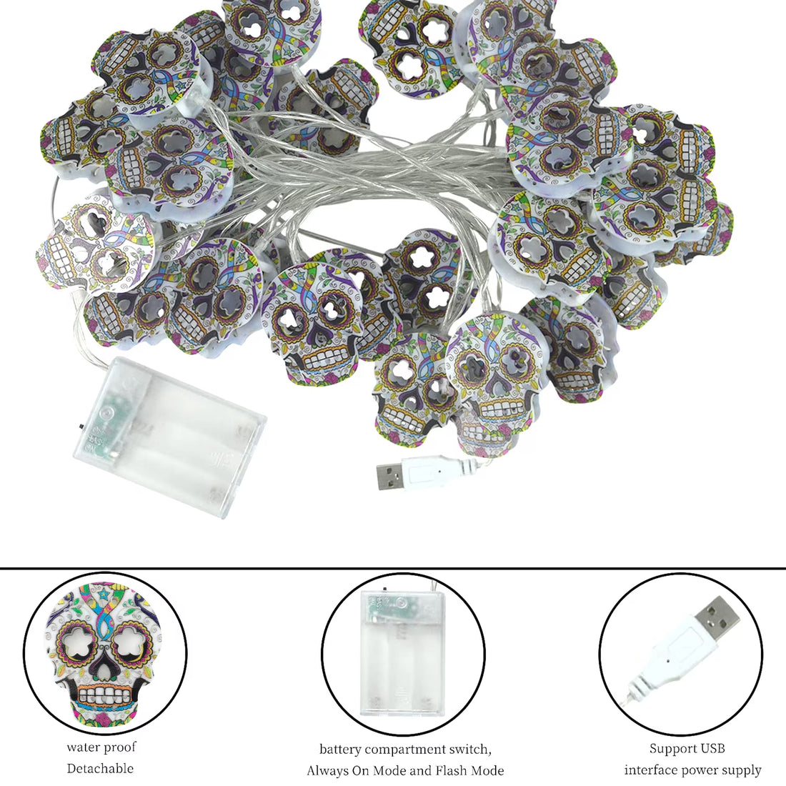 Halloween String Lights, 15Ft 30 LED Skull Halloween Lights Halloween Decorations Indoor Outdoor