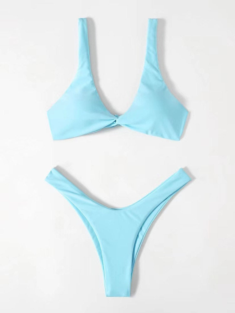 Solid Color Knotted Strap Bikini Swimsuit