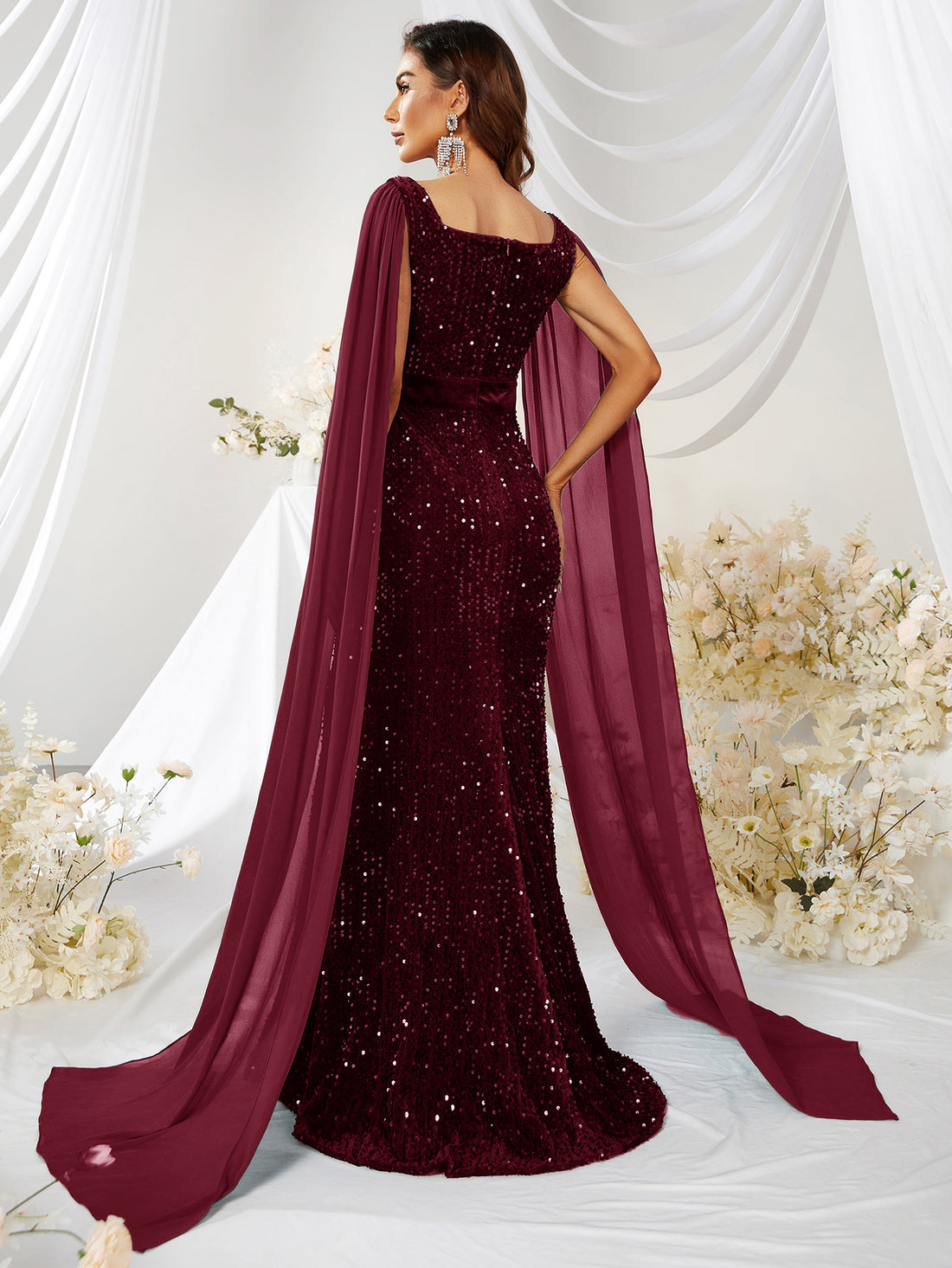 Velvet Sequin Cape-Sleeve Gown