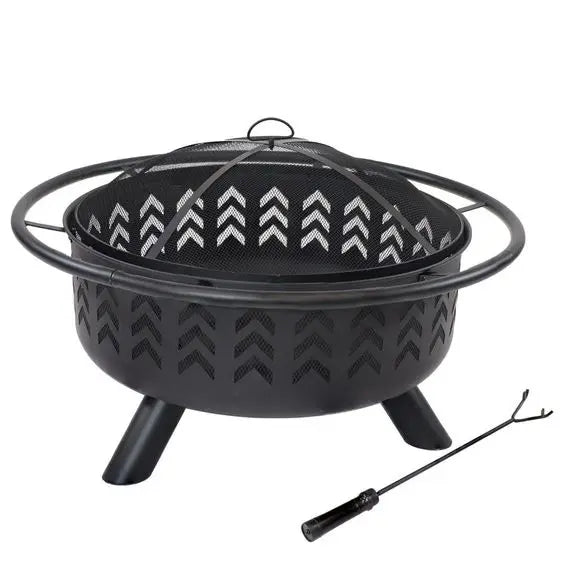 Modern Outdoor Metal Fire Pit Mesh Cover Fire Pit Ring Powder Coated 9999 BTU Portable Black Wood Burning for Backyard Garden