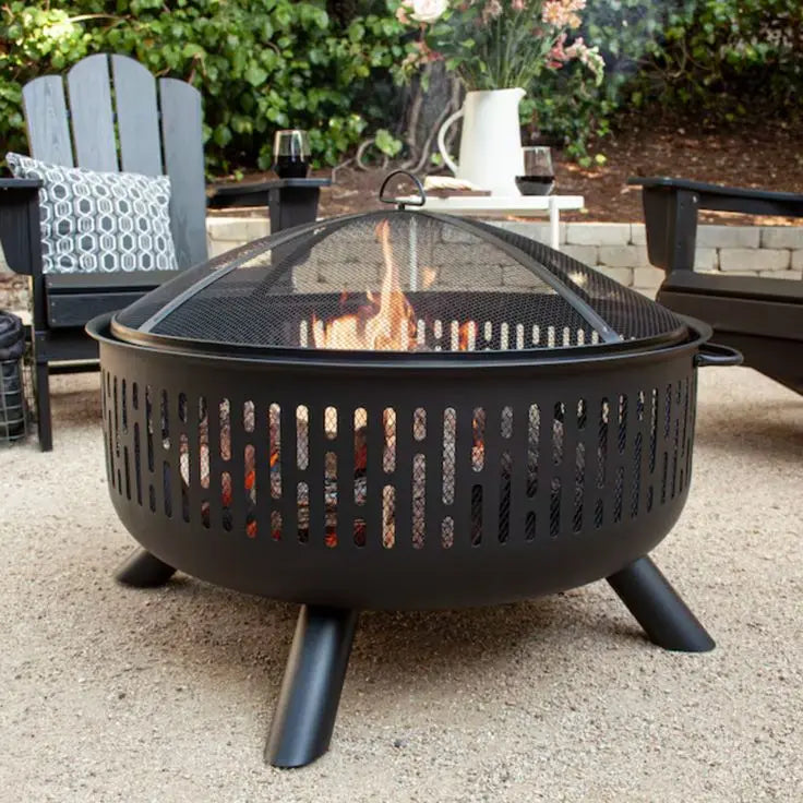 Modern Outdoor Metal Fire Pit Mesh Cover Fire Pit Ring Powder Coated 9999 BTU Portable Black Wood Burning for Backyard Garden