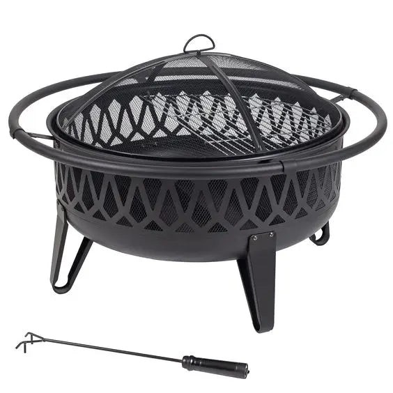 Modern Outdoor Metal Fire Pit Mesh Cover Fire Pit Ring Powder Coated 9999 BTU Portable Black Wood Burning for Backyard Garden