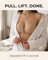 Pulling the front drawstring of the nude wing bra for adjustable lift
