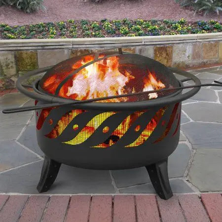Modern Outdoor Metal Fire Pit Mesh Cover Fire Pit Ring Powder Coated 9999 BTU Portable Black Wood Burning for Backyard Garden