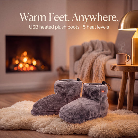 USB heated plush foot warmer boots on a sheepskin rug by the fireplace – Warm Feet. Anywhere.