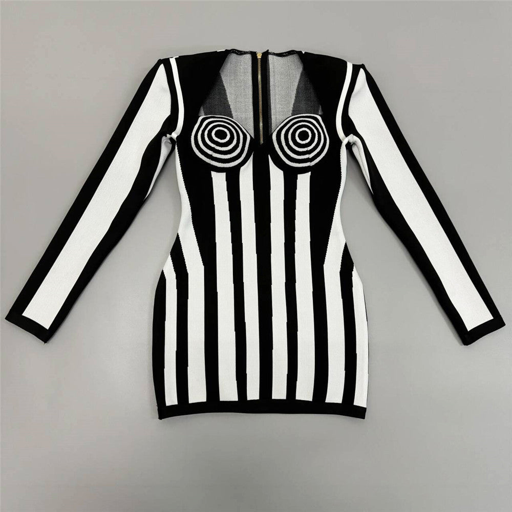 Striped Long Sleeve Bandage Dress