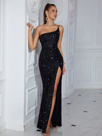 One-Shoulder Sequin High-Slit Evening Dress