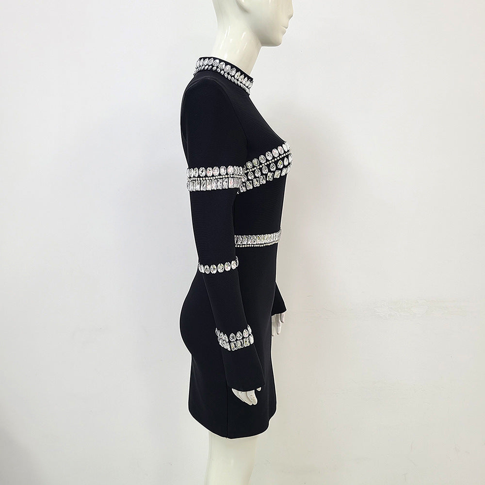 Black Stand-Collar Crystal Bandage Dress