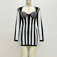 Striped Long Sleeve Bandage Dress