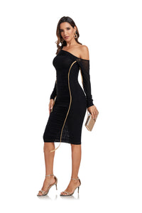 Mesh Cross-Shoulder Long Sleeve Party Dress