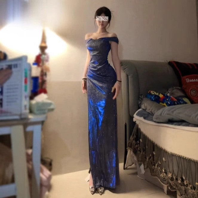 Blue Sparkle One-Shoulder Slit Dress