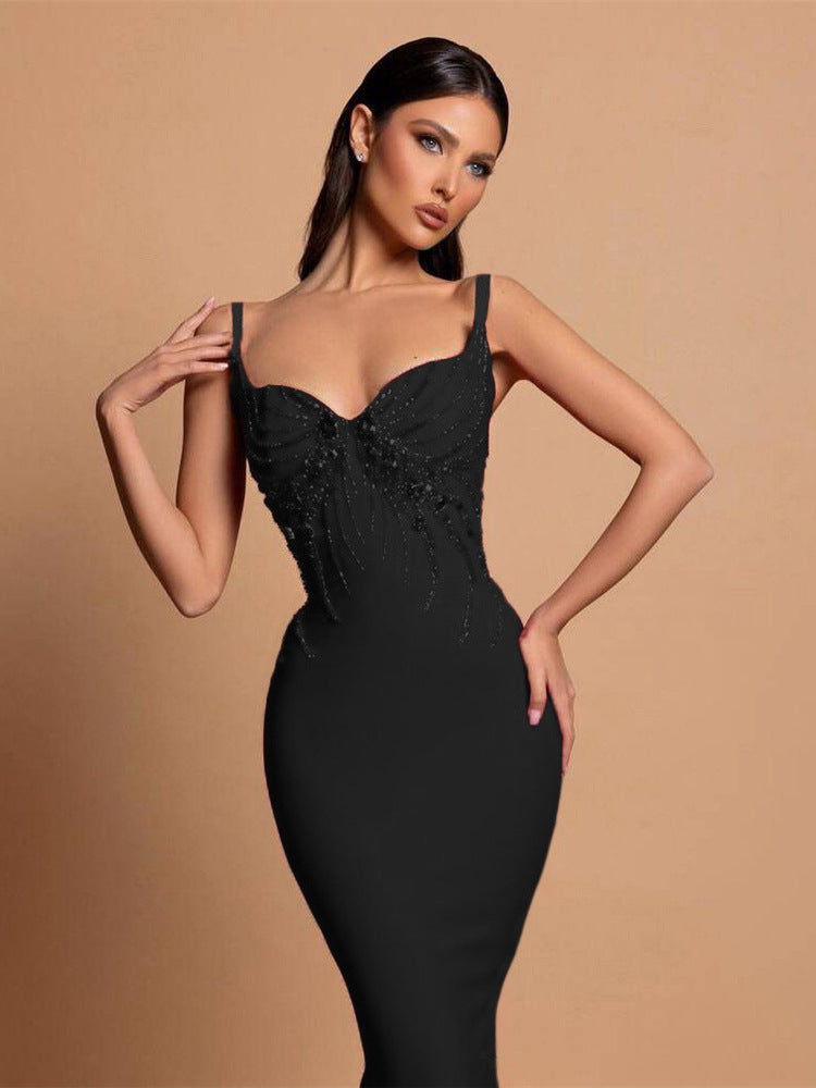 V-Neck Beaded Bandage Party Dress