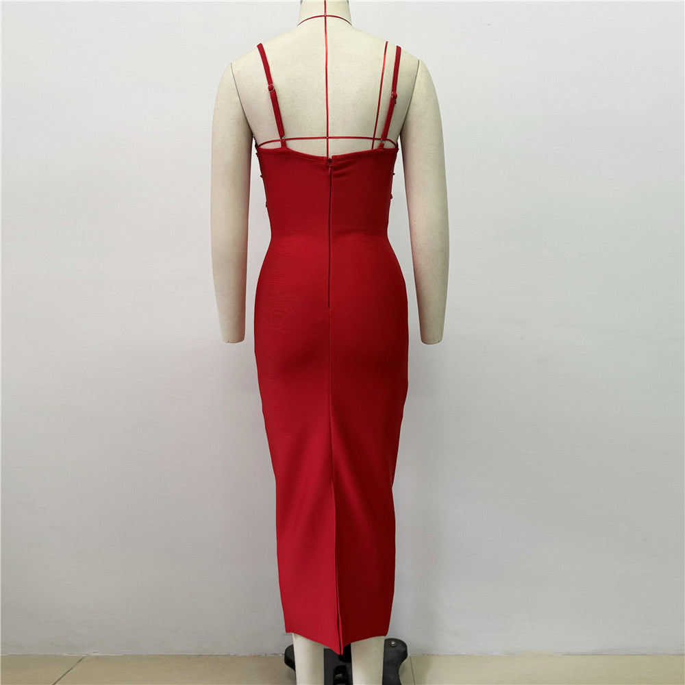 V-Neck Beaded Bandage Party Dress