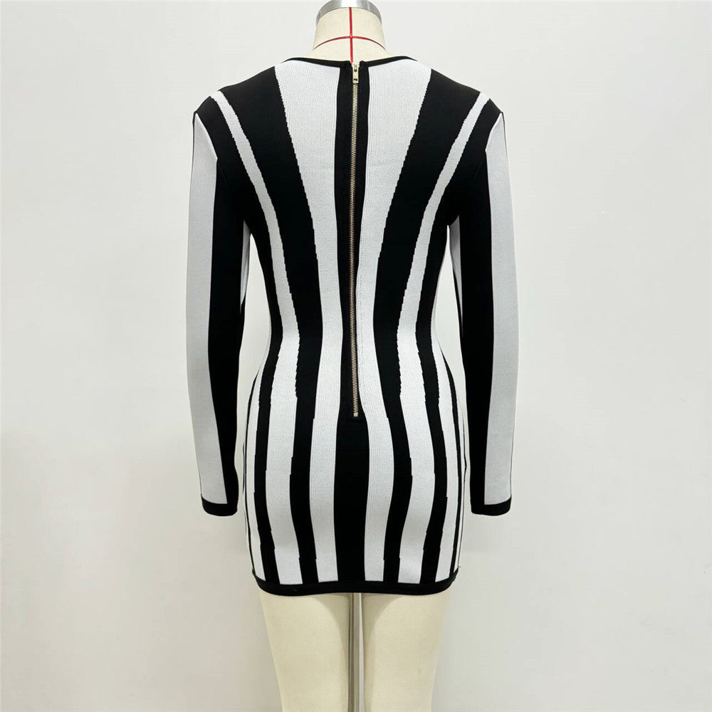Striped Long Sleeve Bandage Dress