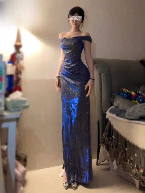 Blue Sparkle One-Shoulder Slit Dress