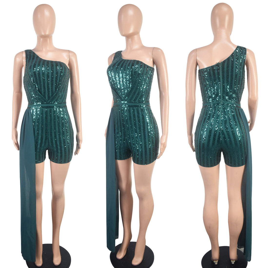 Emerald Sequin One-Shoulder Party Romper