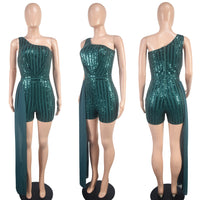 Emerald Sequin One-Shoulder Party Romper