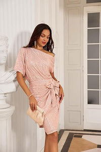 Blush One-Shoulder Sequin Cocktail Dress