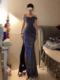 Blue Sparkle One-Shoulder Slit Dress