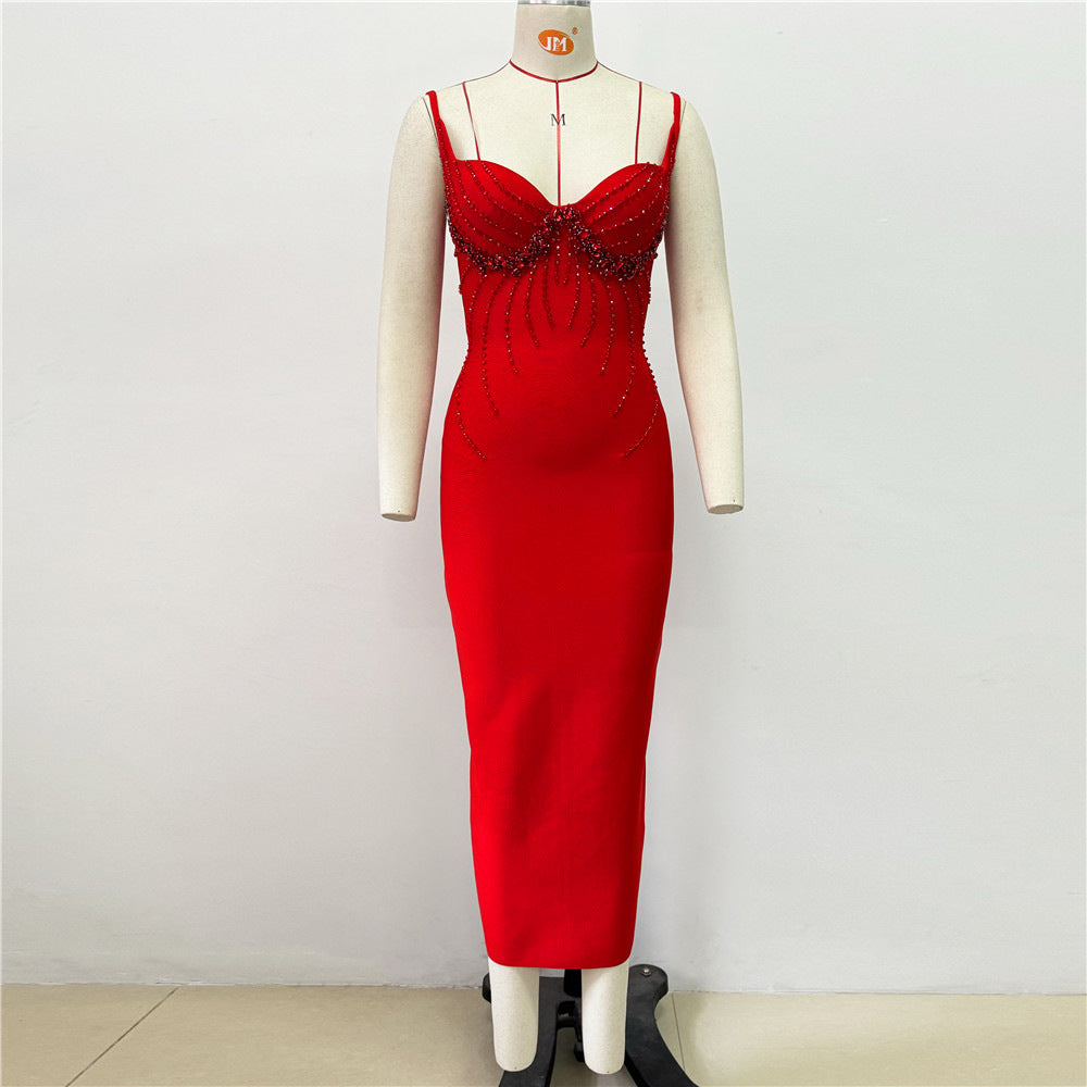 V-Neck Beaded Bandage Party Dress