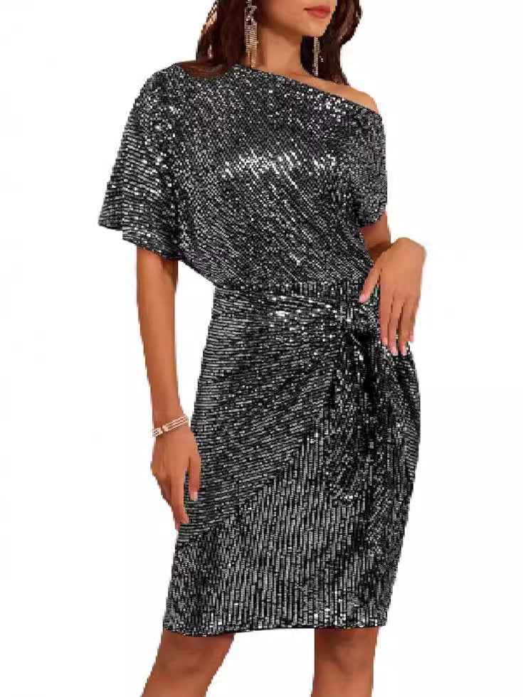 Blush One-Shoulder Sequin Cocktail Dress