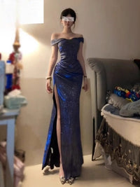 Blue Sparkle One-Shoulder Slit Dress