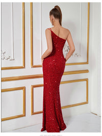 One-Shoulder Sequin High-Slit Evening Dress