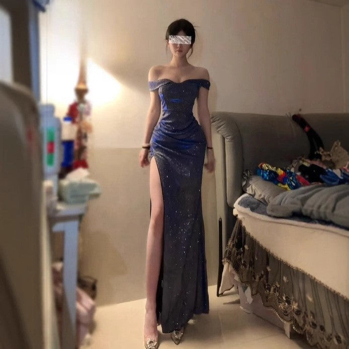 Blue Sparkle One-Shoulder Slit Dress
