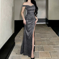 Blue Sparkle One-Shoulder Slit Dress
