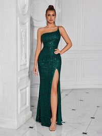One-Shoulder Sequin High-Slit Evening Dress