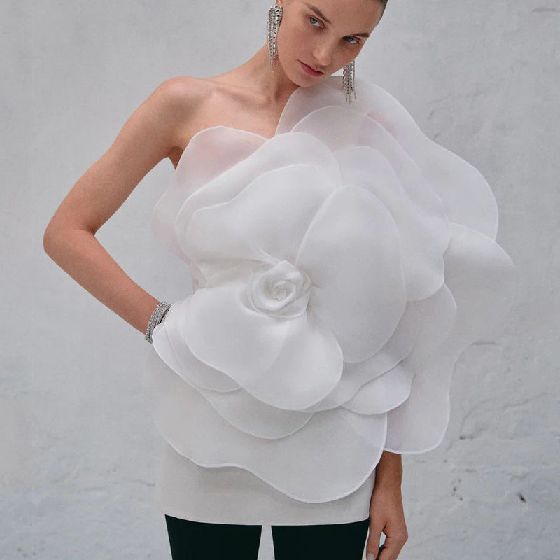 One-Shoulder White Floral Wedding Party Dress