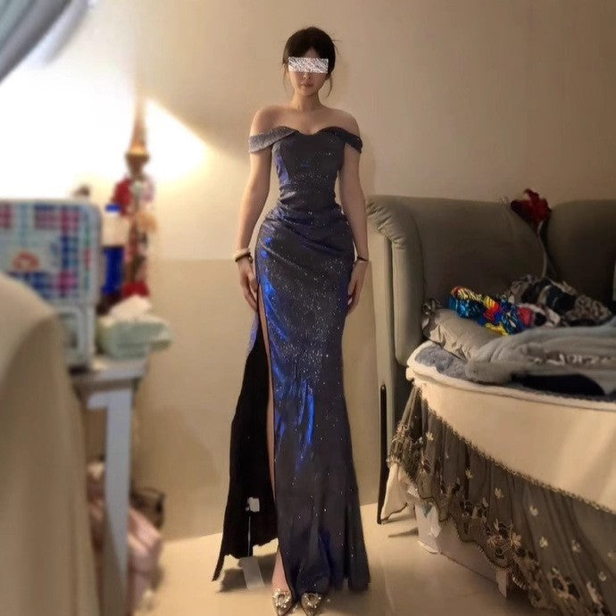 Blue Sparkle One-Shoulder Slit Dress