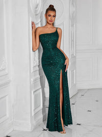 One-Shoulder Sequin High-Slit Evening Dress