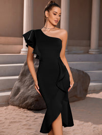 One-Shoulder Ruffle Slit Holiday Dress