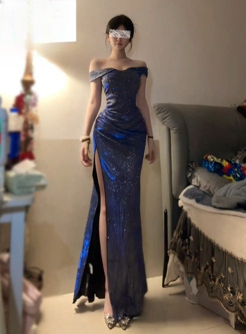 Blue Sparkle One-Shoulder Slit Dress