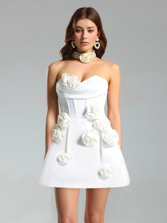 White Rose Strapless Mini Dress