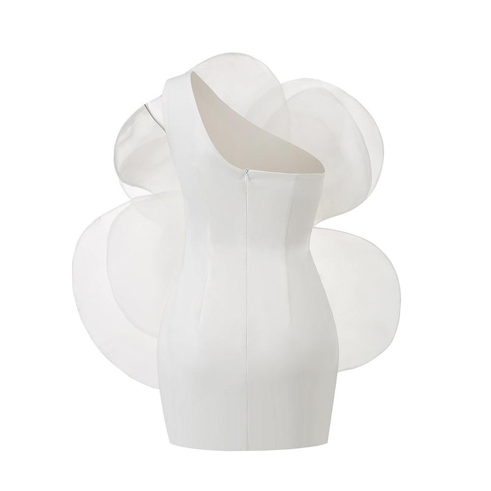 One-Shoulder White Floral Wedding Party Dress