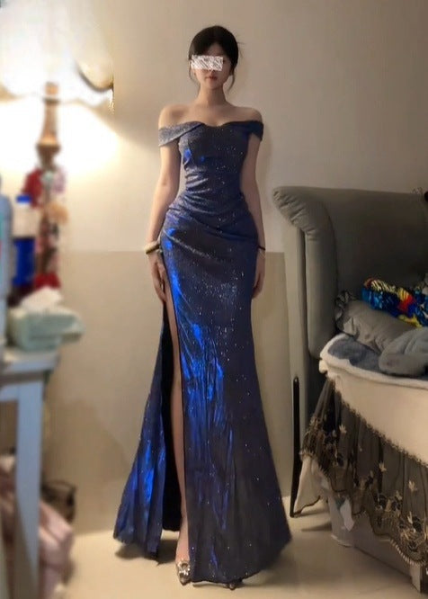 Blue Sparkle One-Shoulder Slit Dress