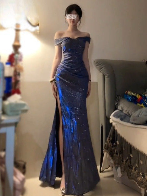 Blue Sparkle One-Shoulder Slit Dress