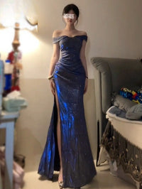 Blue Sparkle One-Shoulder Slit Dress