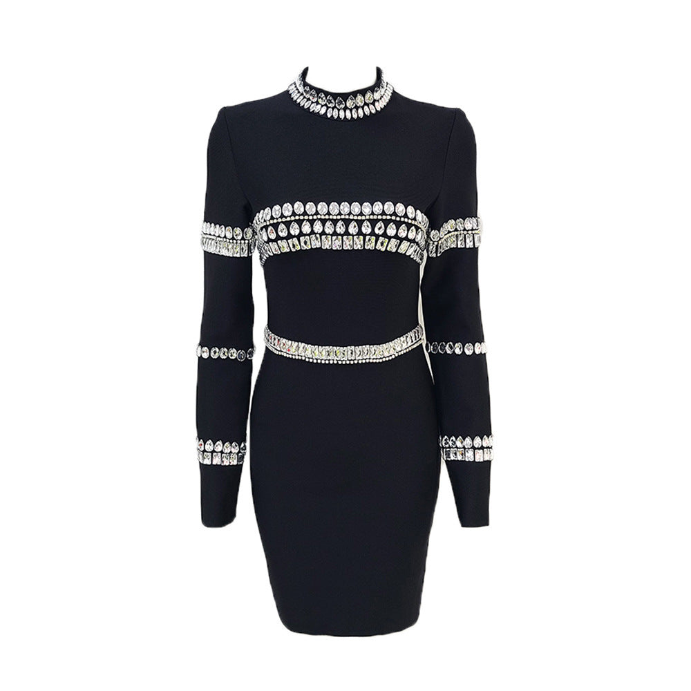 Black Stand-Collar Crystal Bandage Dress