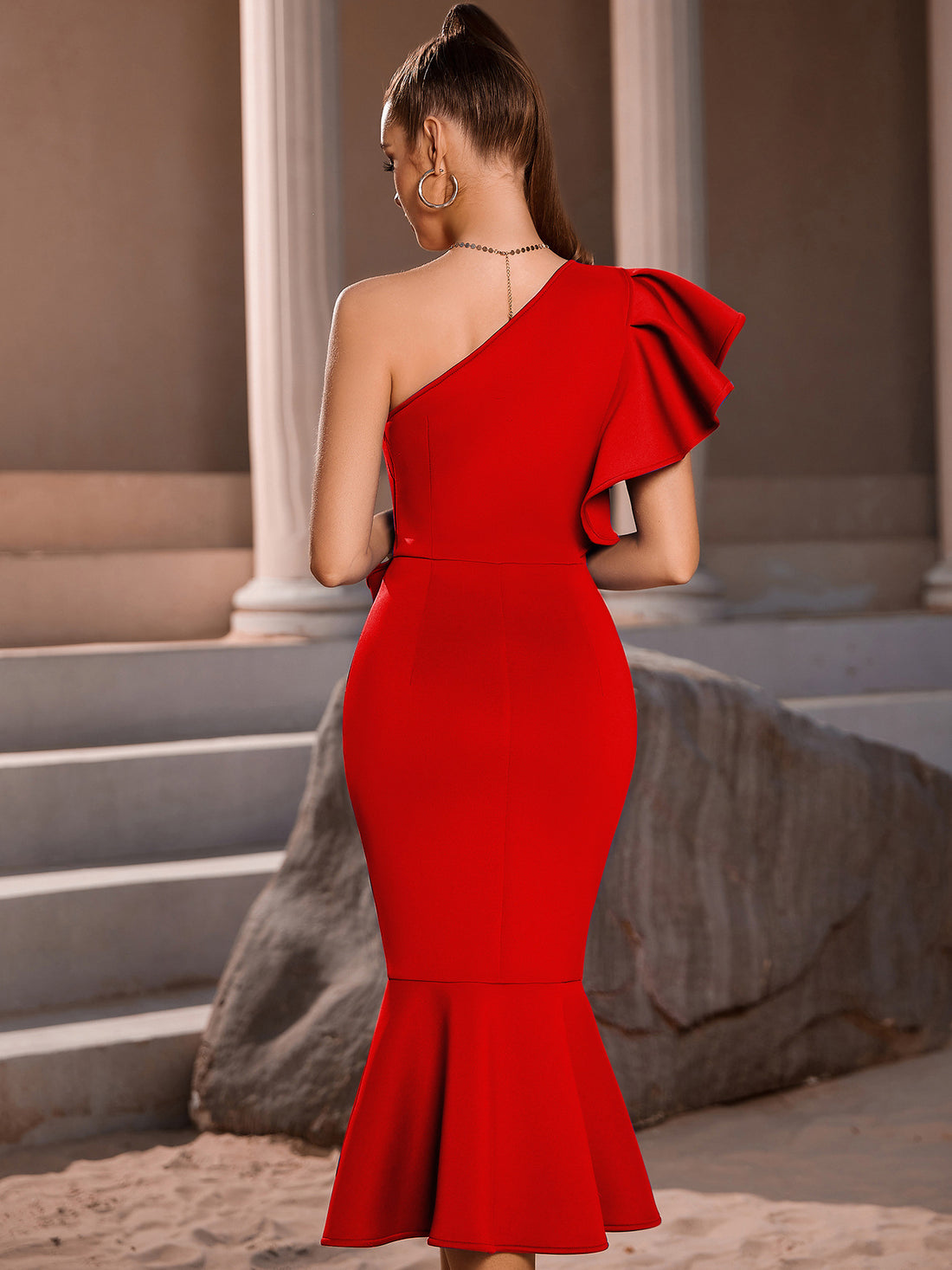 One-Shoulder Ruffle Slit Holiday Dress