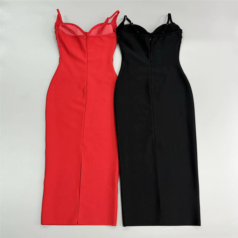 V-Neck Beaded Bandage Party Dress