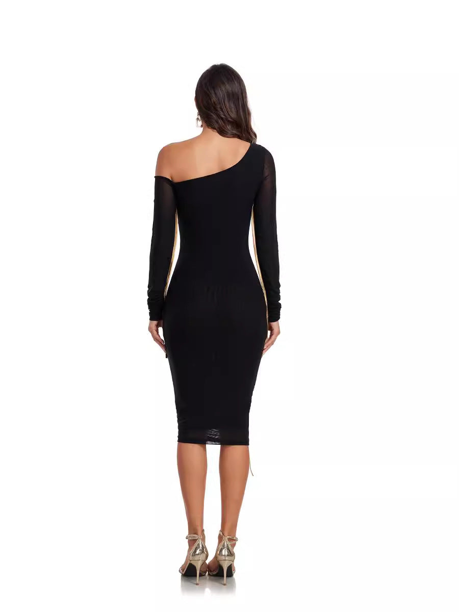 Mesh Cross-Shoulder Long Sleeve Party Dress
